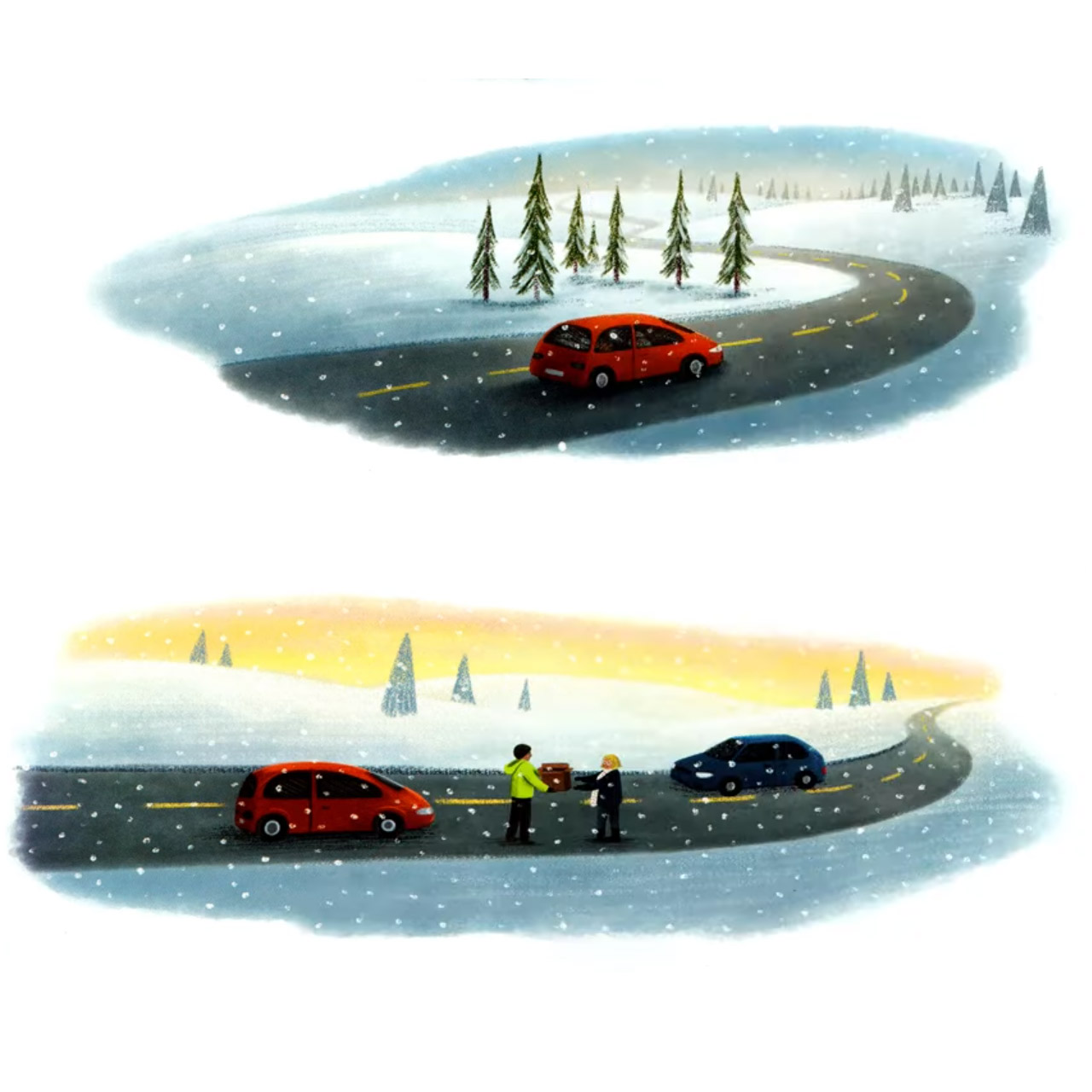 2x illustrations. The first is the worker travelling snowy roads in his red vehicle. The second depicts him standing outside his vehicle to meet Ellen (having arrived in a separate vehicle) and to deliver the box containing the owl inside.
