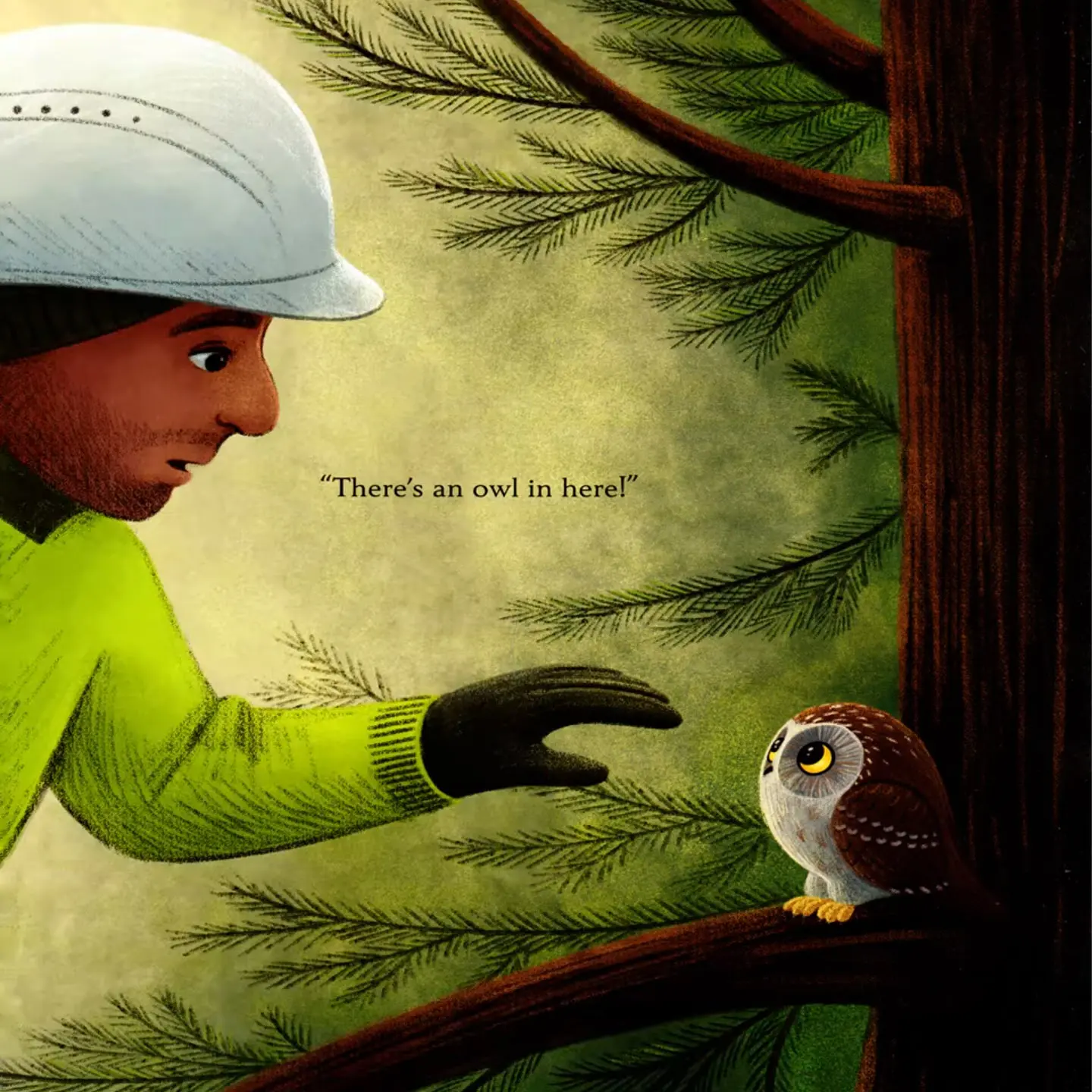 An illustration from the book 'The Christmas Owl' depicting a tree worker in hard hat and bright yellow clothing, reaching for the small owl on a branch of the Norway Spruce, with the text "There's an owl in here!"