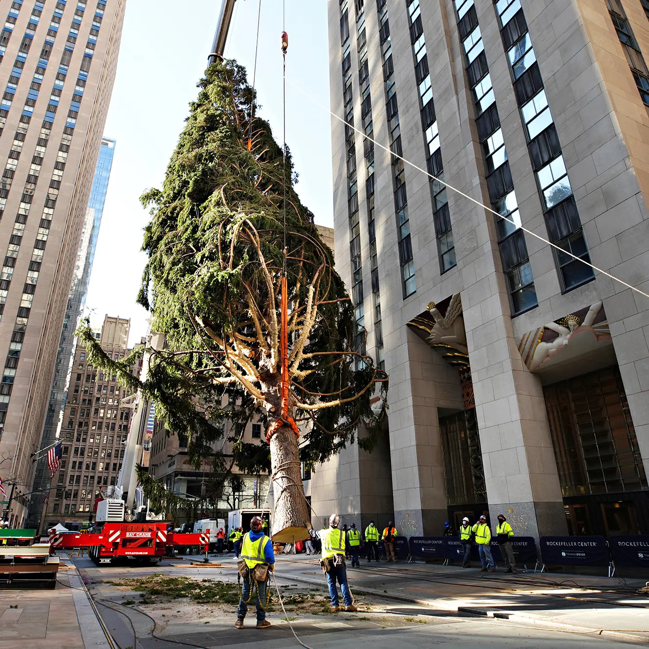 Workers outside Rockfeller Center bring the 2020 tree into position using a crane and wires